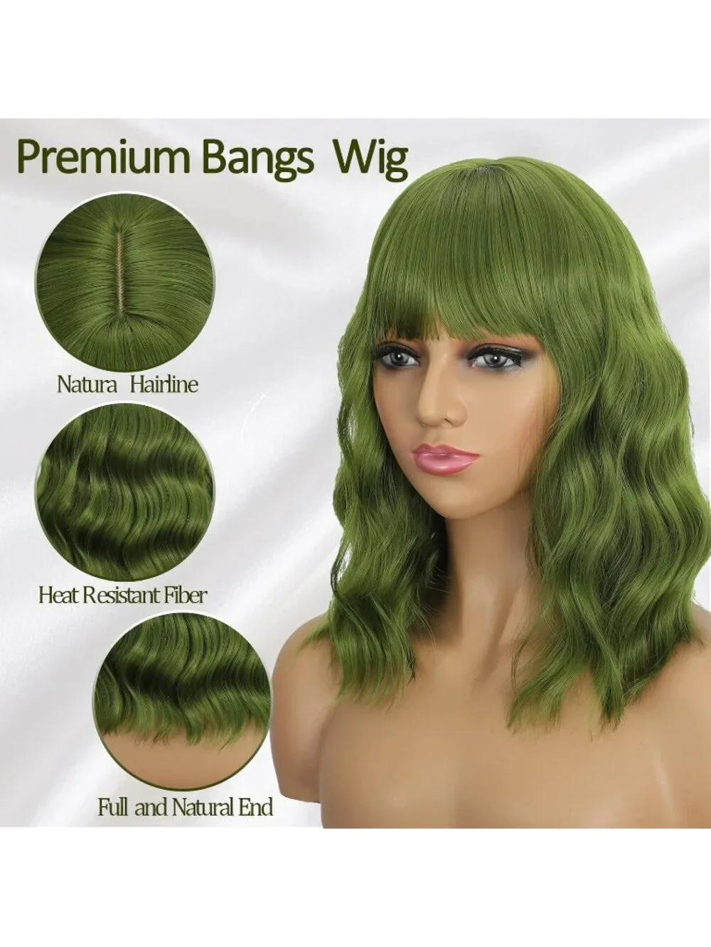 Women's Green 14 Inch Heat Resistant Synthetic Short Wavy Bob Wigs Bangs